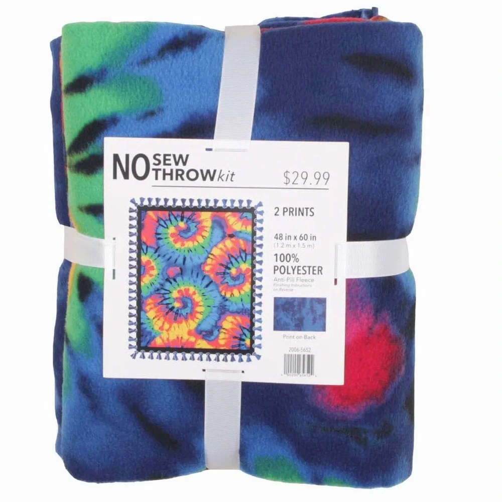 Rainbow Tie Dye Swirl on Blue No Sew Fleece Blanket 48 inches wide